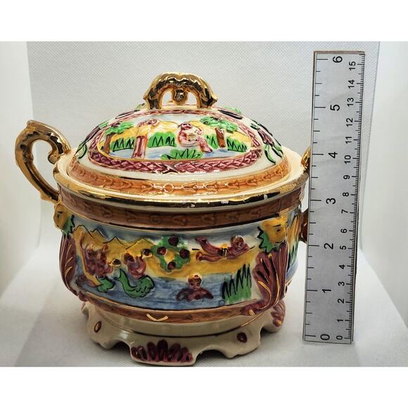 Bowl & Lid-Gold Trim-Japanese Inspired Summer Scenes-3D Embossed-Colorful-Footed - Picture 16 of 16